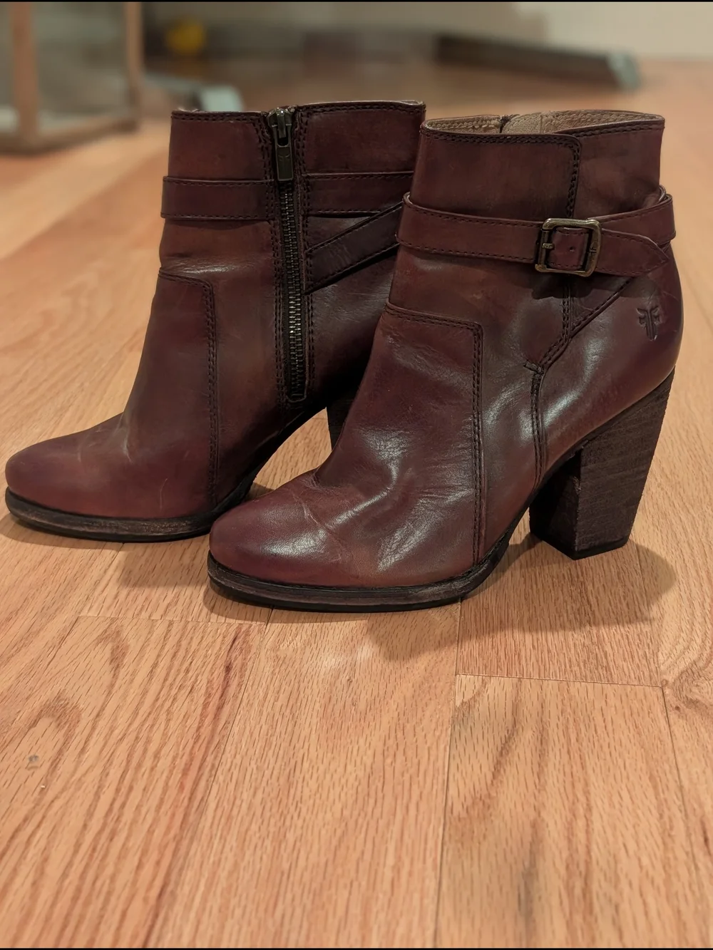 Frye Dark Brown Leather Buckle Ankle Boots